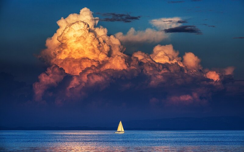 Sailboat on Calm Water — Blue, Dramatic, Sunset, Photograph
