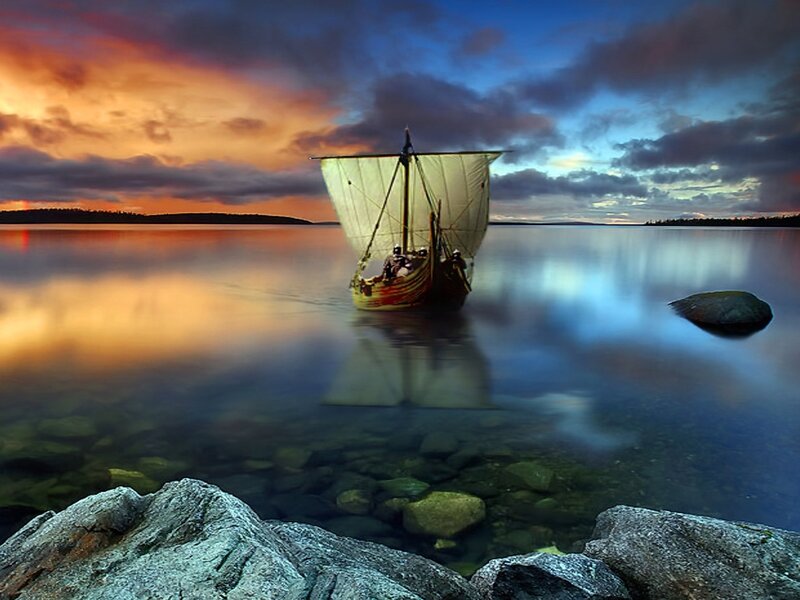 Sailboat on Calm Water — Blue, Dramatic