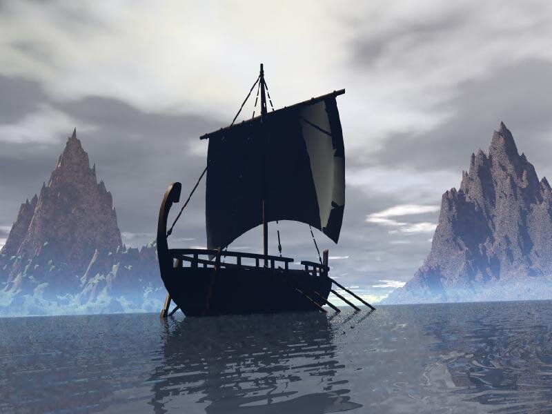 Sailboat on Calm Water — Blue, Serene, 3d Render, Mountains