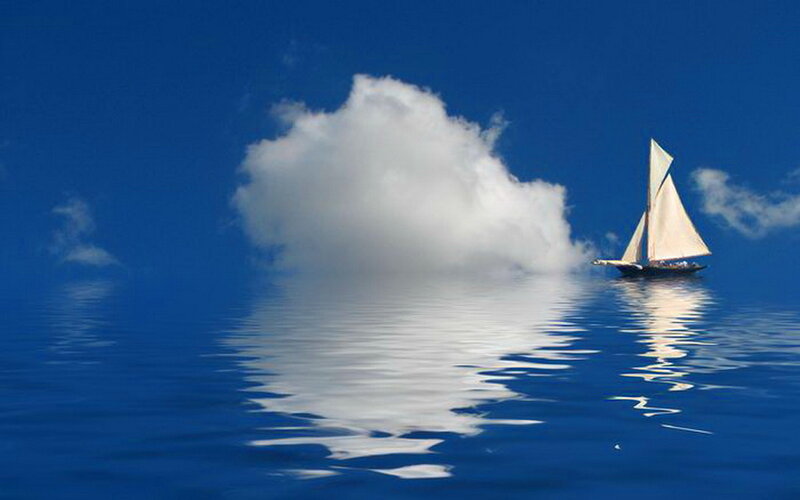 Sailboat on Calm Water — Blue, Serene, Afternoon, Photograph, Cloud