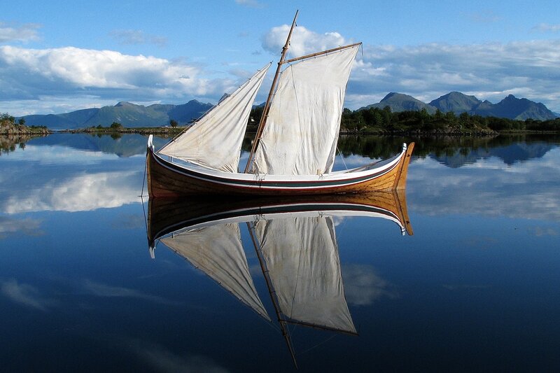 Sailboat on Calm Water — Blue, Serene, Afternoon, Photograph, Mountains, Reflection