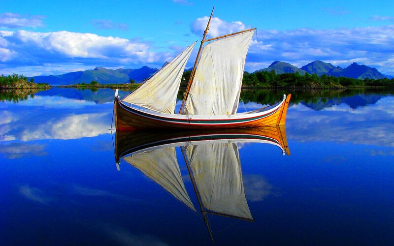 Sailboat on Calm Water — Blue, Serene, Afternoon, Photograph, Mountains