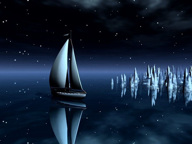 Sailboat on Calm Water — Blue, Serene, Night, 3d Render