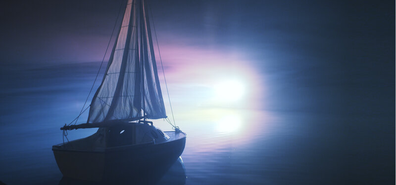 Sailboat on Calm Water — Blue, Serene, Night, Photograph, Sun