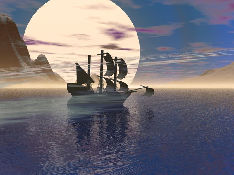Sailboat on Calm Water — Blue, Serene, Night
