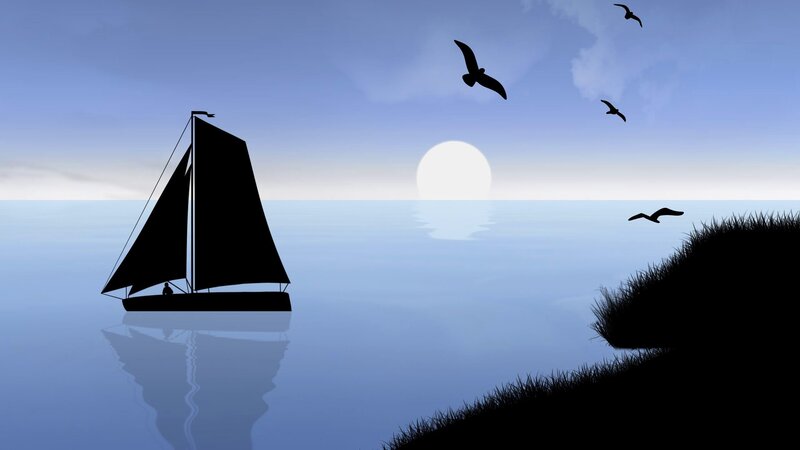 Sailboat on Calm Water — Blue, Serene, Sunset, Digital Art, Birds