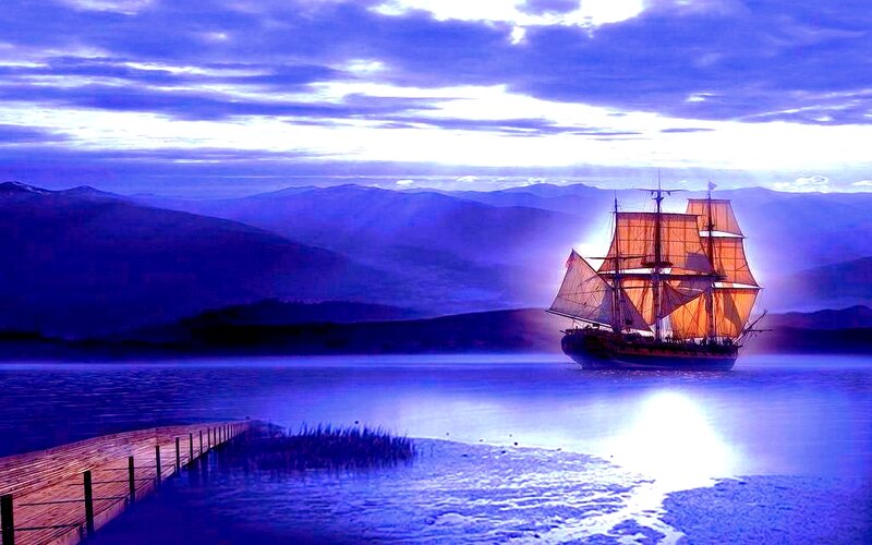 Sailboat on Calm Water — Blue, Serene, Sunset, Digital Art, Mountains