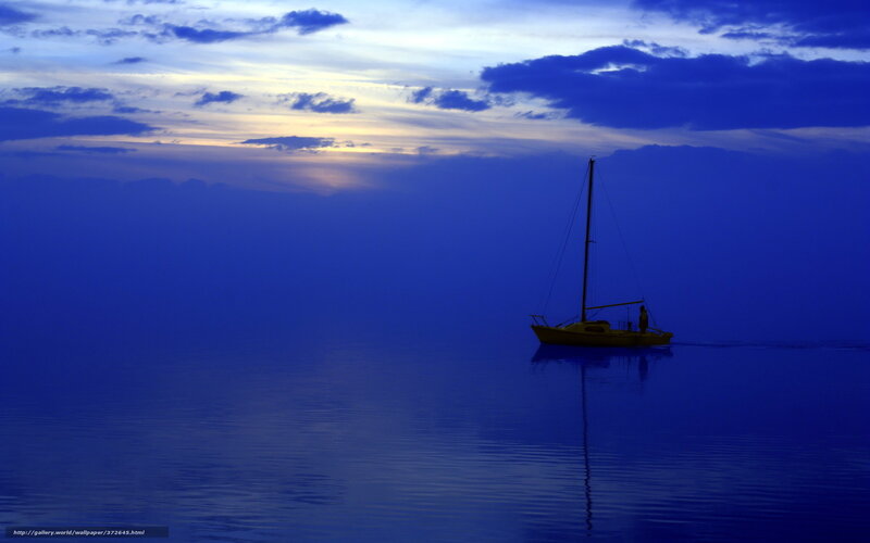 Sailboat on Calm Water — Blue, Serene, Sunset, Photograph, Sky, Clouds, Yellow