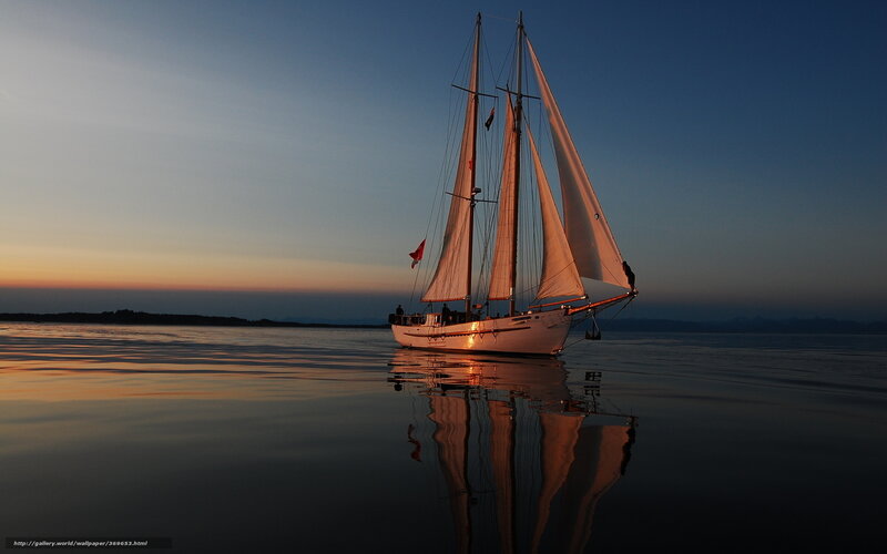 Sailboat on Calm Water — Blue, Serene, Sunset, Photograph, Sky, Reflection