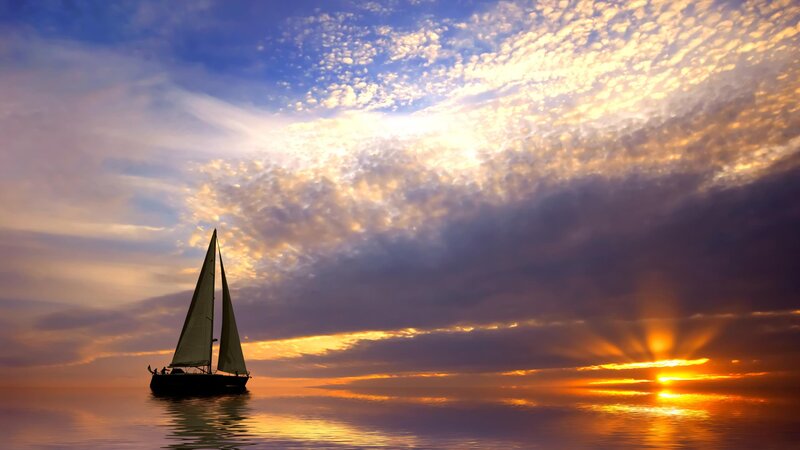 Sailboat on Calm Water — Blue, Serene, Sunset, Photograph, Sky, Sun