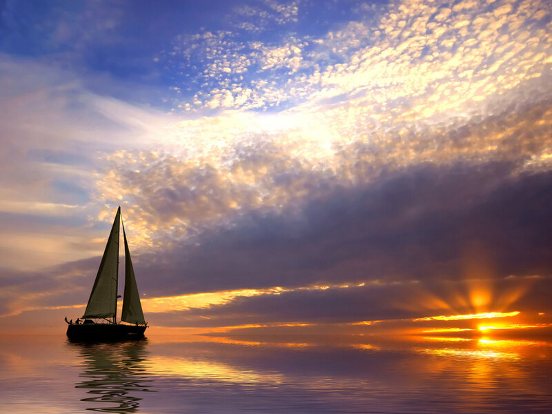 Sailboat on Calm Water — Blue, Serene, Sunset, Photograph, Sky
