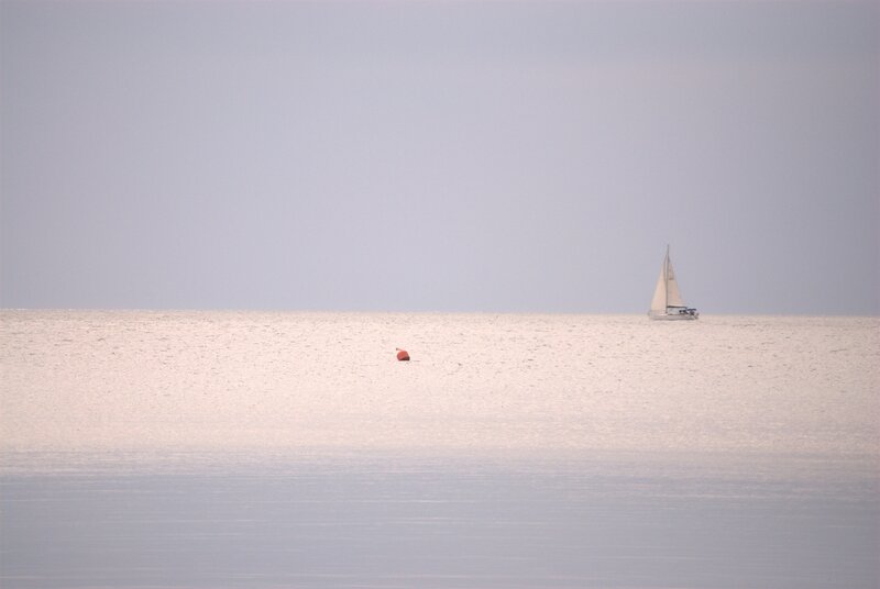Sailboat on Calm Water — Gray, Serene, Morning
