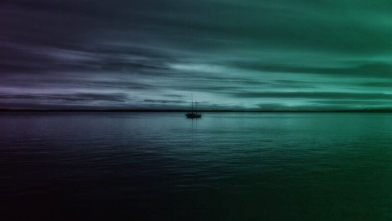 Sailboat on Calm Water — Green, Serene, Night