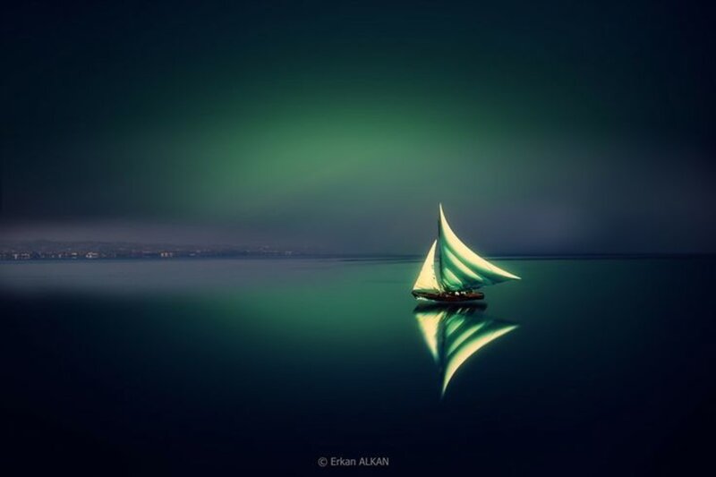 Sailboat on Calm Water — Green, Serene