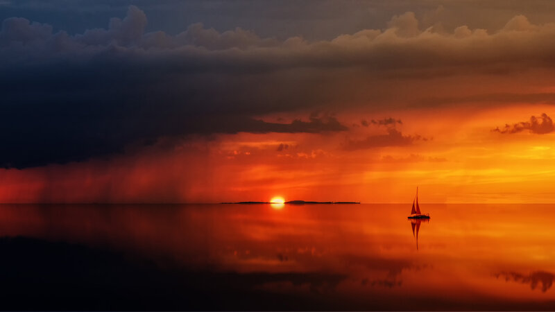 Sailboat on Calm Water — Orange, Dramatic, Sunset, Photograph, Sun