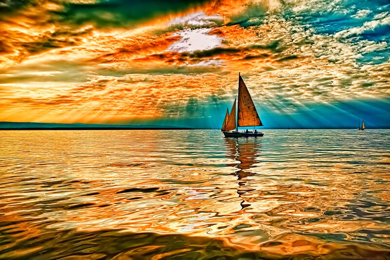 Sailboat on Calm Water — Orange, Dramatic, Sunset, Photograph