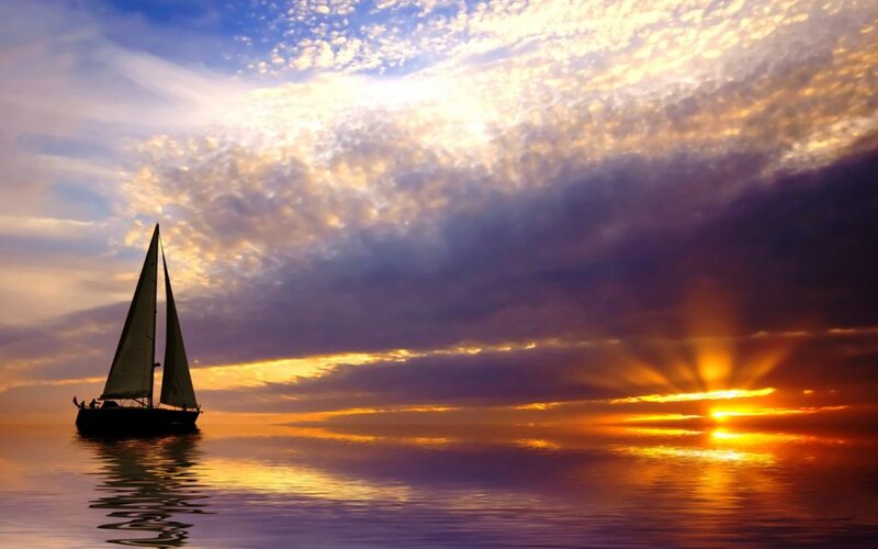 Sailboat on Calm Water — Orange, Dramatic, Sunset