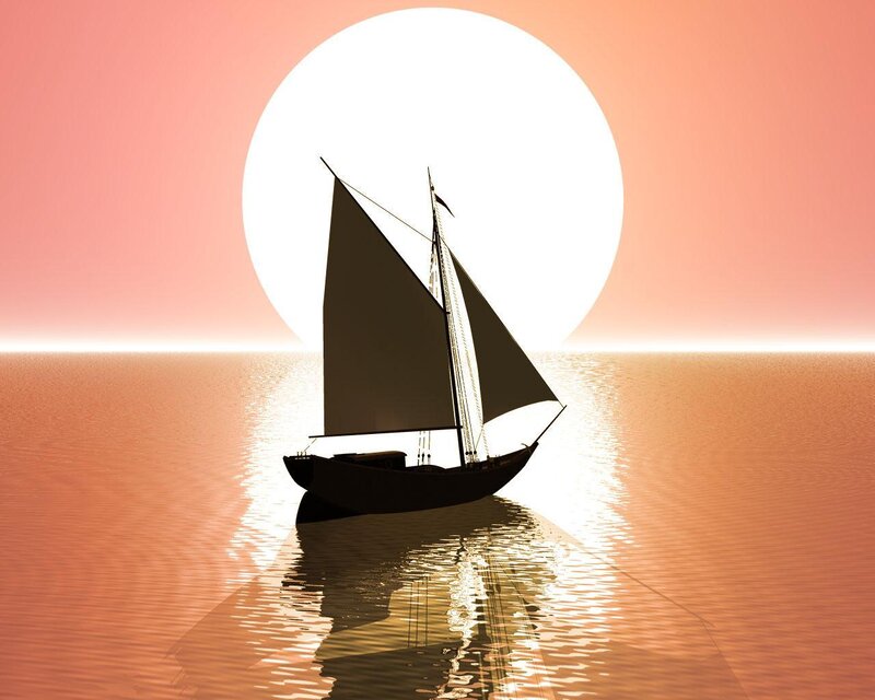 Sailboat on Calm Water — Orange, Serene, Sunset, Digital Art, Sun, Sea