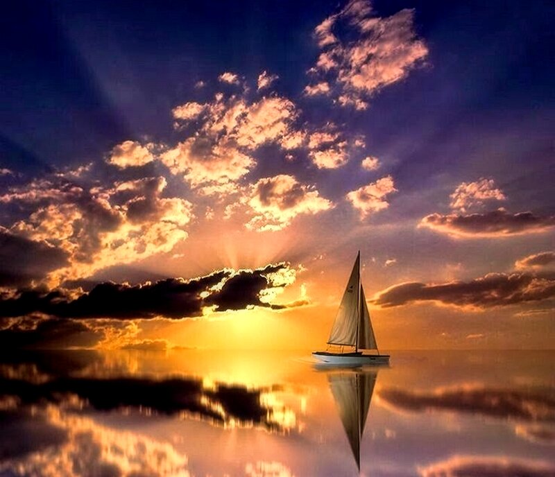Sailboat on Calm Water — Orange, Serene, Sunset, Photograph, Clouds, Reflection
