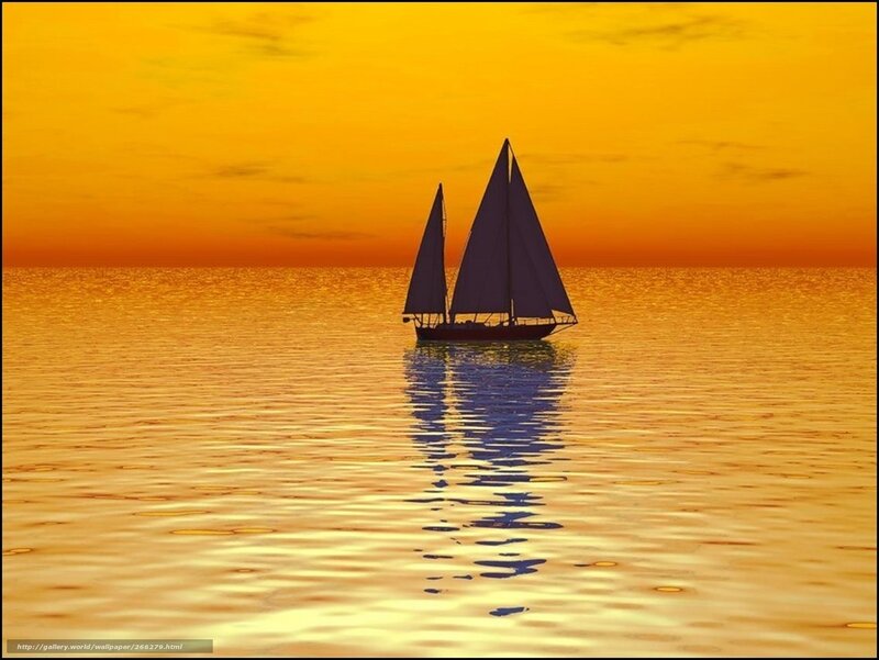 Sailboat on Calm Water — Orange, Serene, Sunset, Photograph, Ocean, Reflection