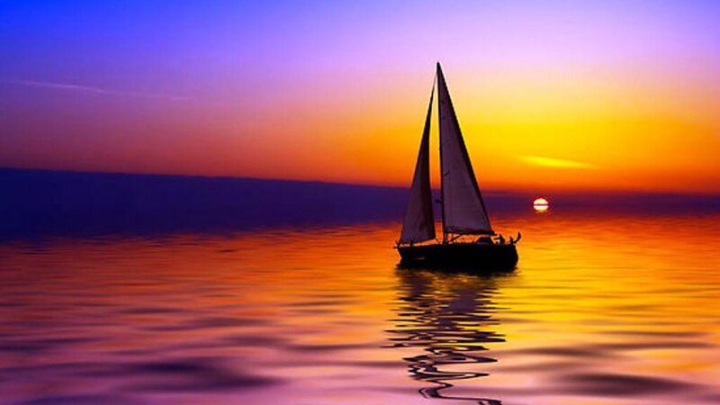 Sailboat on Calm Water — Orange, Serene, Sunset, Photograph, Ocean, Sky