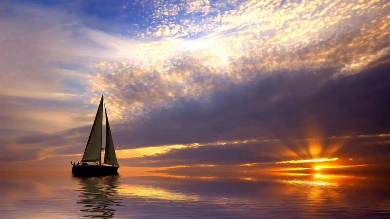 Sailboat on Calm Water — Orange, Serene, Sunset, Photograph, Sky, Sun