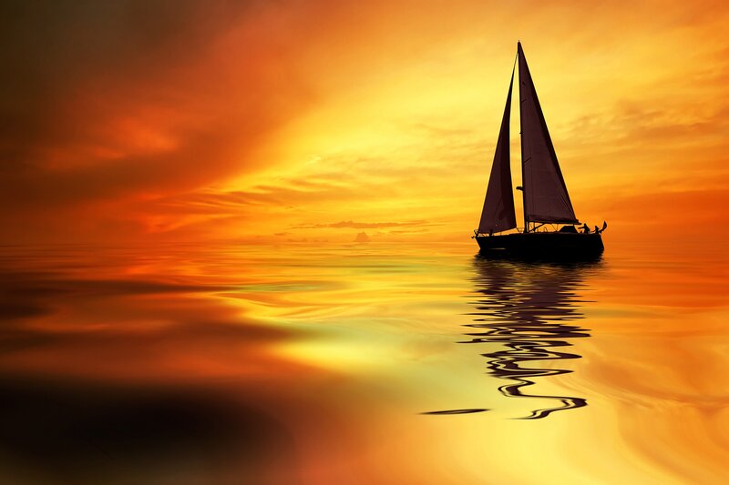 Sailboat on Calm Water — Orange, Serene, Sunset, Photograph, Sky