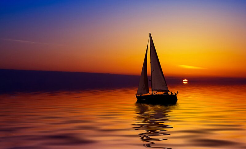 Sailboat on Calm Water — Orange, Serene, Sunset, Photograph, Sun