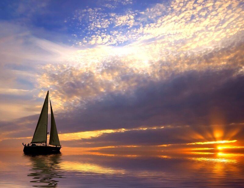 Sailboat on Calm Water — Orange, Serene, Sunset, Photograph