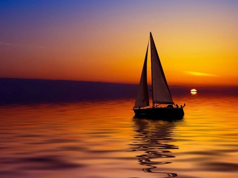 Sailboat on Calm Water — Orange, Serene, Sunset