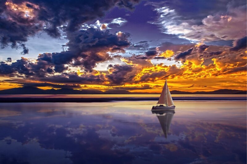 Sailboat on Calm Water — Purple, Dramatic