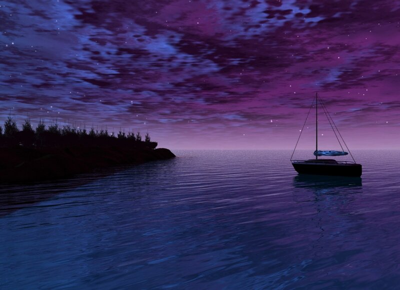 Sailboat on Calm Water — Purple, Serene, Night
