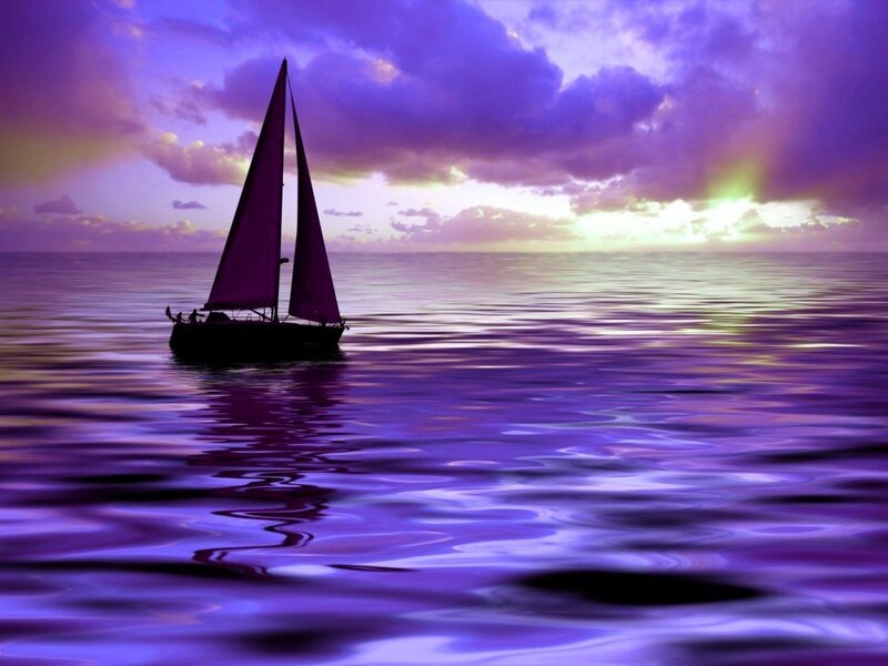 Sailboat on Calm Water — Purple, Serene, Sunset, Digital Art