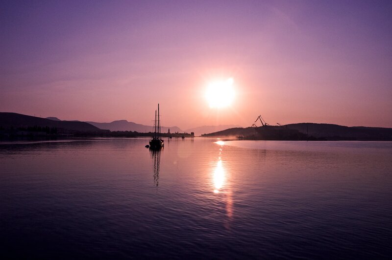 Sailboat on Calm Water — Purple, Serene, Sunset, Photograph, Sun