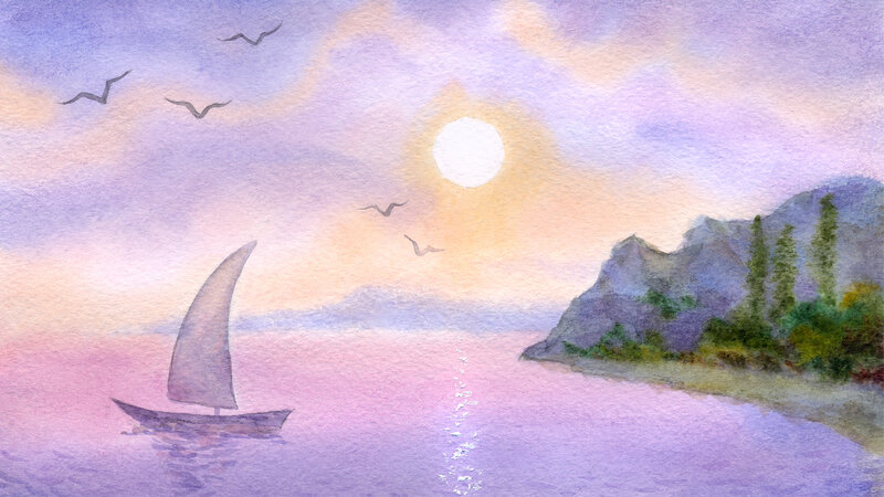 Sailboat on Calm Water — Purple, Serene