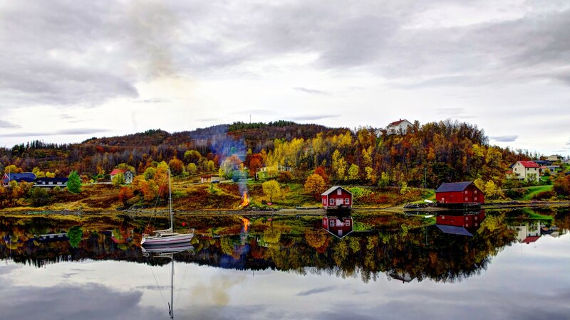 Sailboat on Calm Water — Red, Serene, Autumn, Photograph