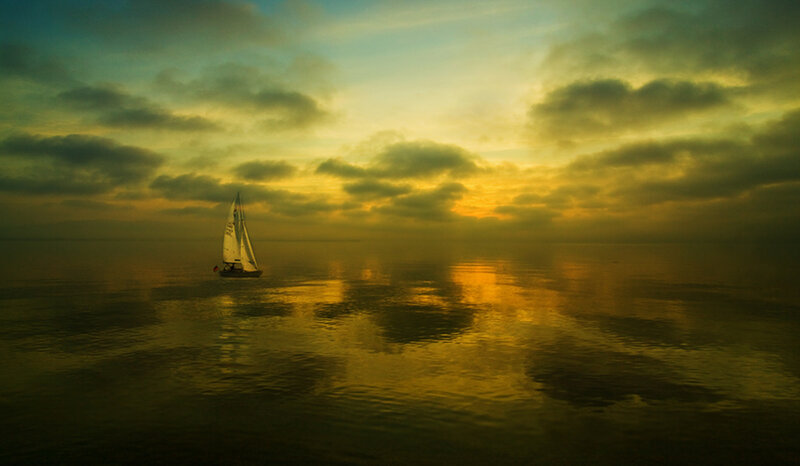 Sailboat on Calm Water — Yellow, Serene