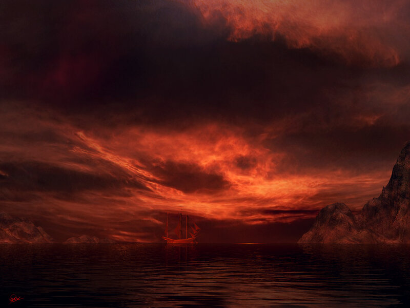 Sailboat on Dark Water — Red