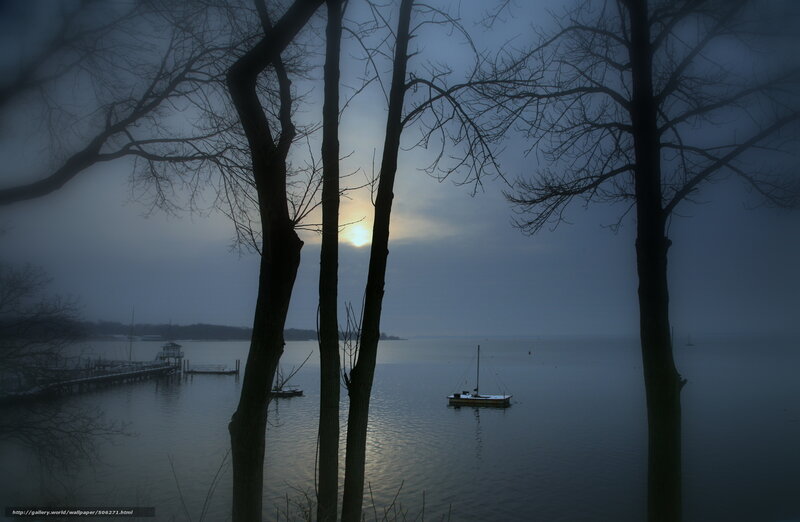 Sailboat on Foggy Lake — Blue