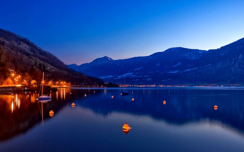 Sailboat on Lake at Dusk — Blue, Serene, Night