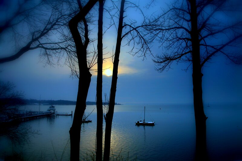 Sailboat on Lake at Dusk — Blue, Serene, Sunset, Photograph