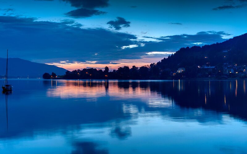 Sailboat on Lake at Dusk — Blue, Serene