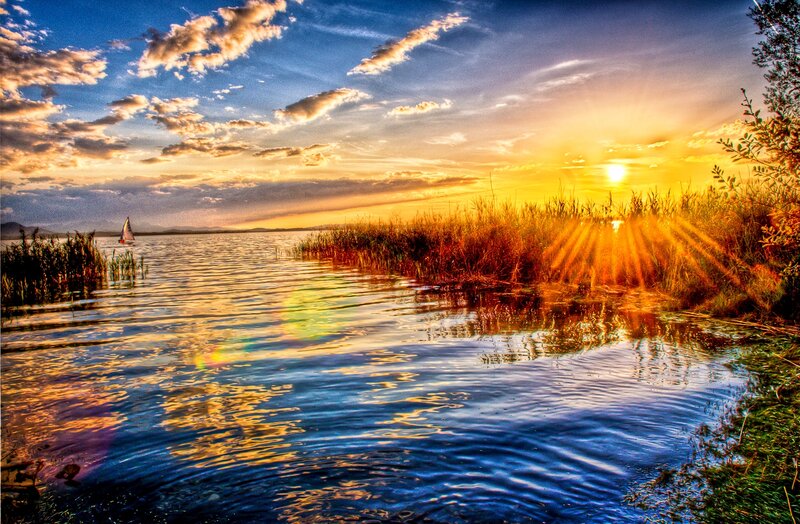 Sailboat on Lake at Sunset — Blue, Dramatic
