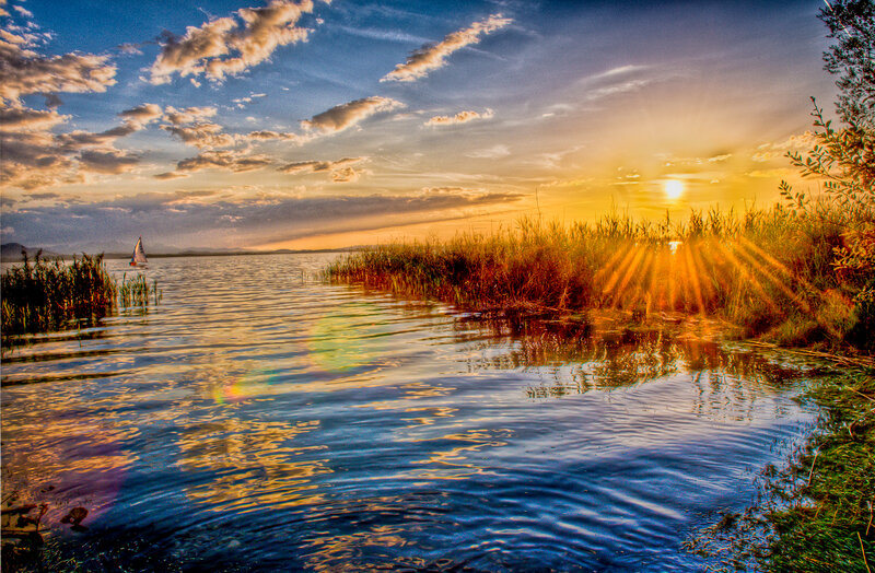 Sailboat on Lake at Sunset — Blue