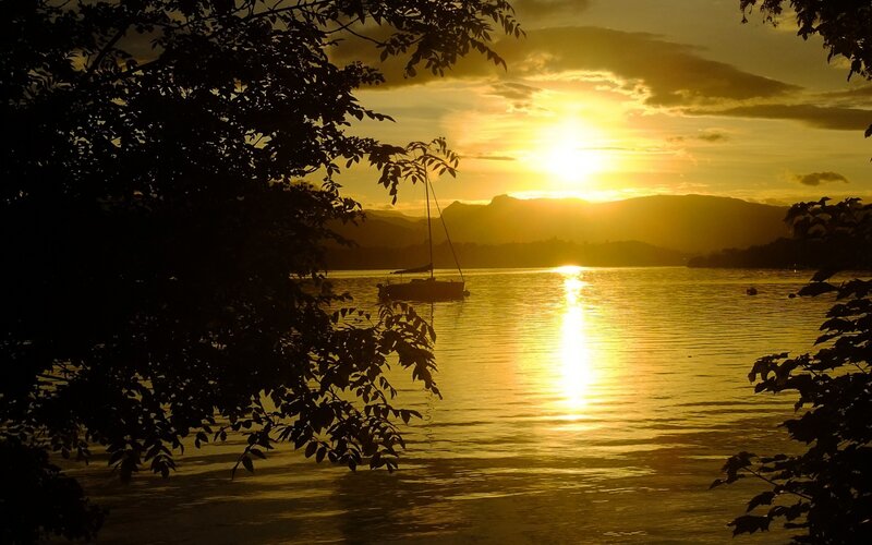 Sailboat on Lake at Sunset — Gold