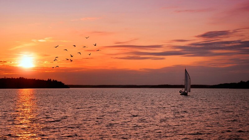 Sailboat on Lake at Sunset — Orange, Serene, Photograph, Birds