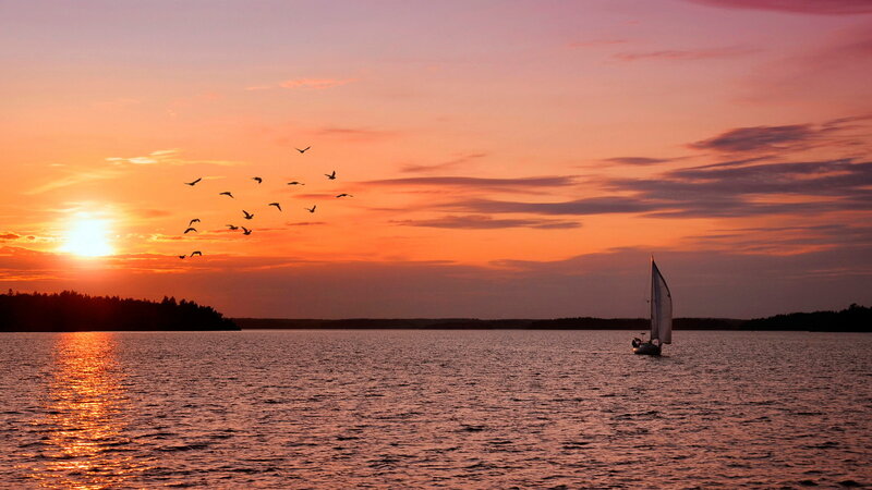 Sailboat on Lake at Sunset — Orange, Serene, Photograph