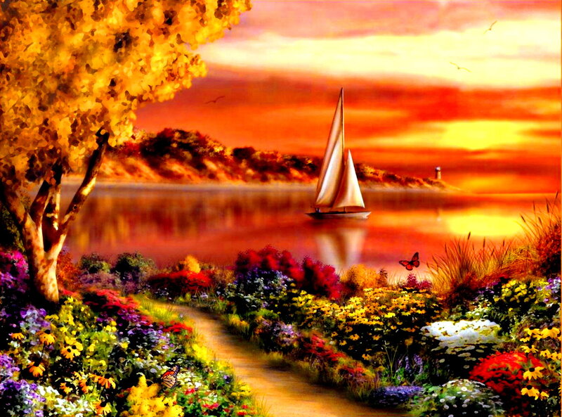 Sailboat on Lake at Sunset — Orange