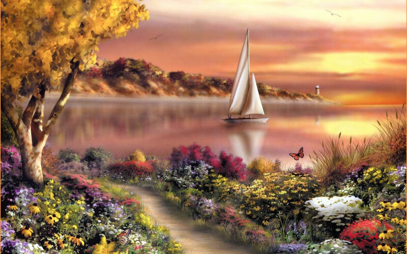 Sailboat on Lake at Sunset — Yellow