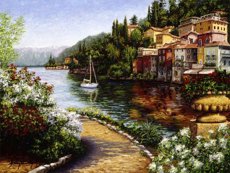 Sailboat on Lake — Blue, Serene, Afternoon, Painting